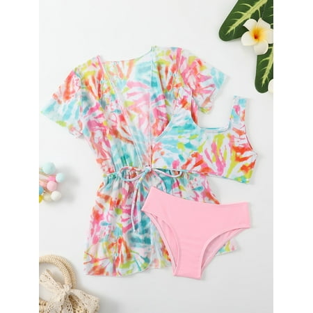 

Toddler Girls Random Tie Dye Print Bikini Swimsuit Swimwear With Kimono S221904X Multicolor 5Y(43IN)