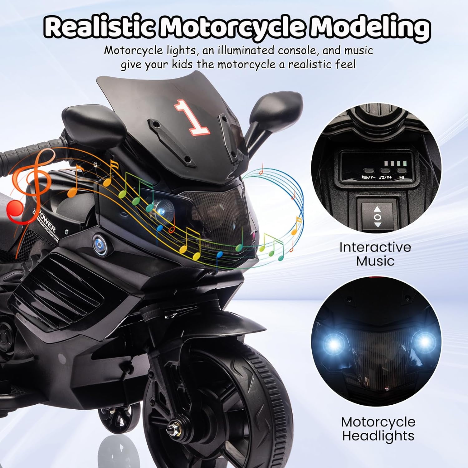 Trilenars 6V Motorcycle, Electric Ride On Car Toy with Training Wheels, Working Headlight, Horn & Music, Battery PoweRed Ride On Motorcycle Toy for Ages 3-6,Black