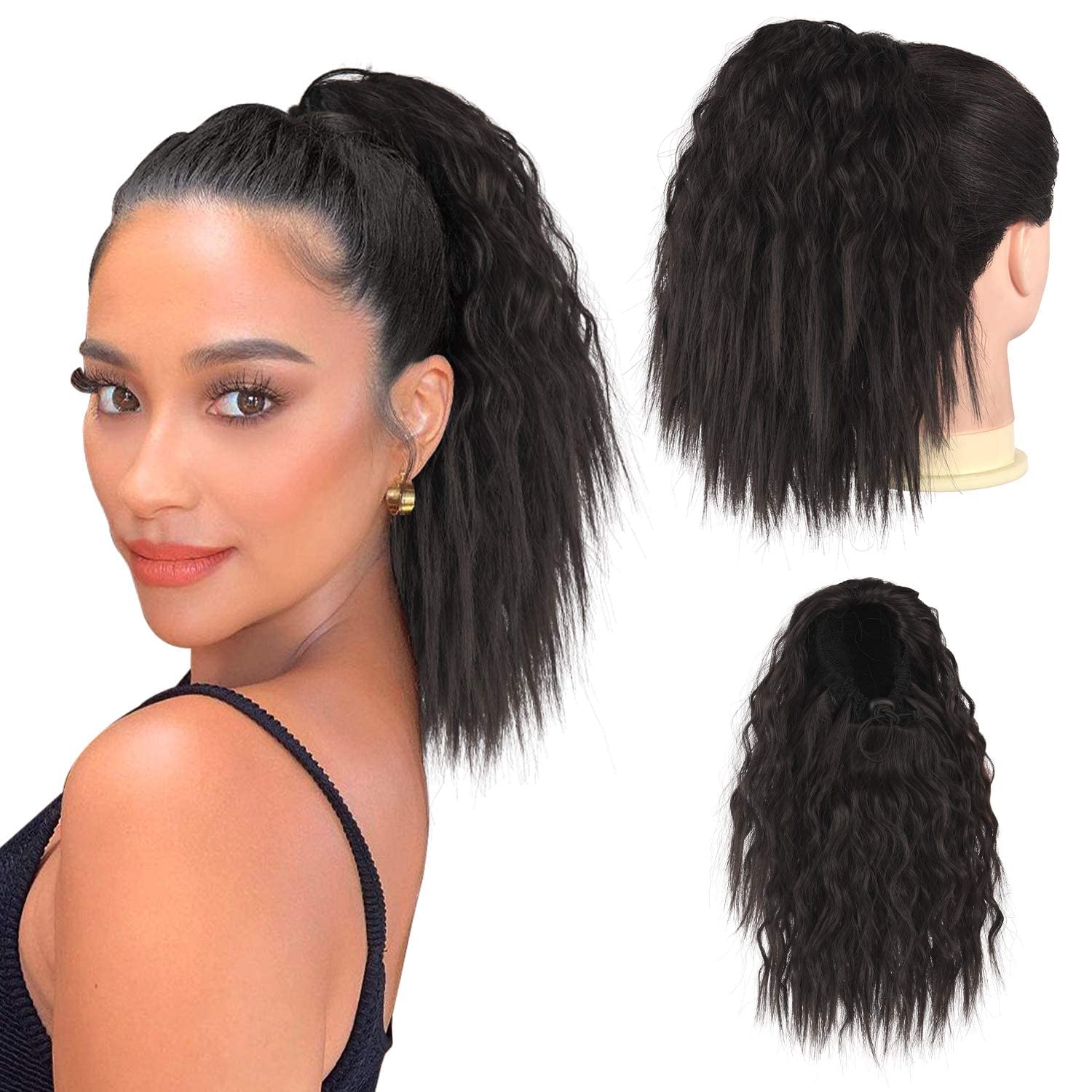 Short Curly Drawstring Ponytail Extensions. 10 Inch Corn Wave Ponytails