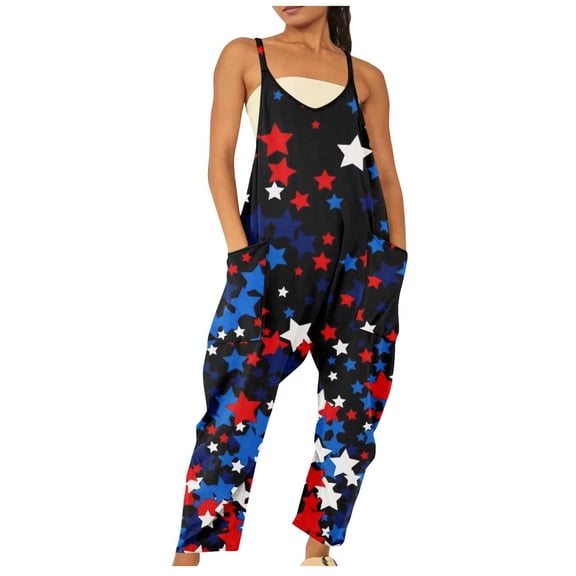Black & Friday Deals Usmixi Jumpsuits for Women Loose Wide Leg Spaghetti Strap 4th of July Jumpsuits with Pocket Summer Fashion Independece Day Graphics V-Neck Sleeveless Long Rompers Black s