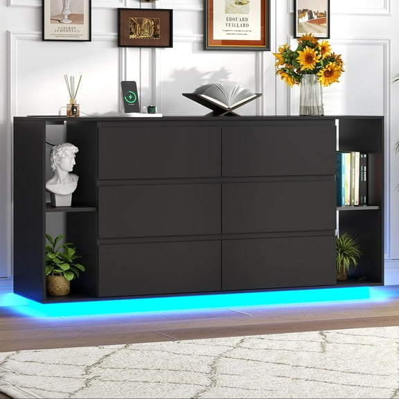 6 Drawer Floating Dresser with LED Lights, Modern White Drawer Dresser for Bedroom, Wide Chest of Drawers with Charging Station for Bedroom Living Room (Black)