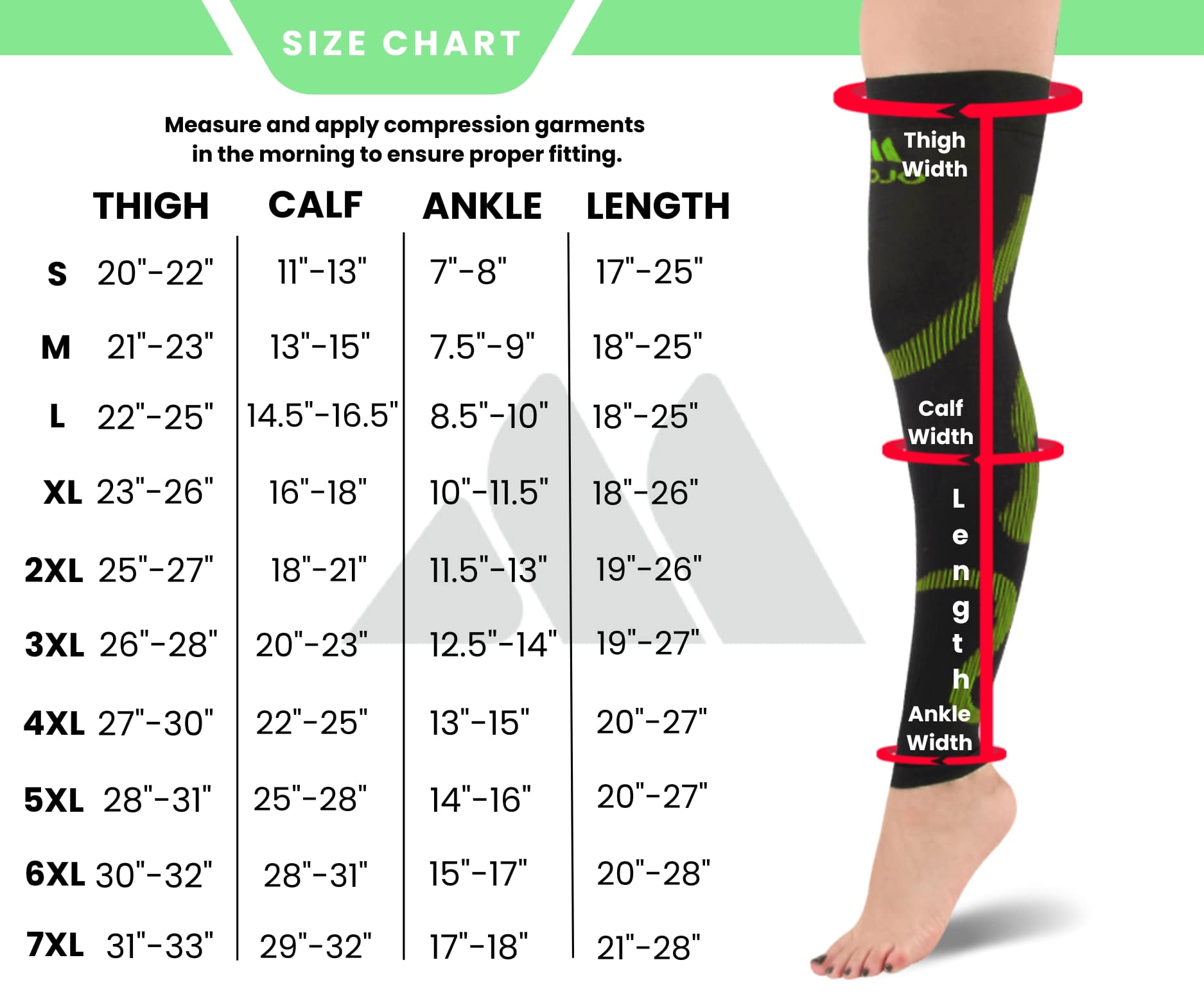 Opaque Unisex Footless Compression Thigh High 20-30mmHg - Black/Green, Large
