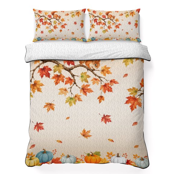 Quilts Queen Size Bedding Set, Fall Pumpkins Lightweight Quilted Comforter, Thanksgiving Autumn Maple Leaf Orange Soft Reversible Bedspread Coverlet with Pillow Covers for All Season, 90" x 96"