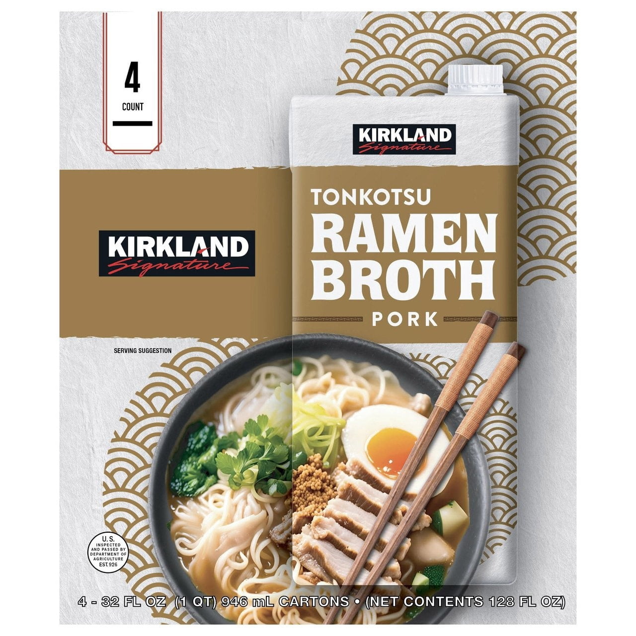 Kirkland Signature Tonkotsu Ramen Broth, Pork Bone Soup Base, 32 fl oz Cartons (4 Pack), Rich Japanese Style Umami Broth