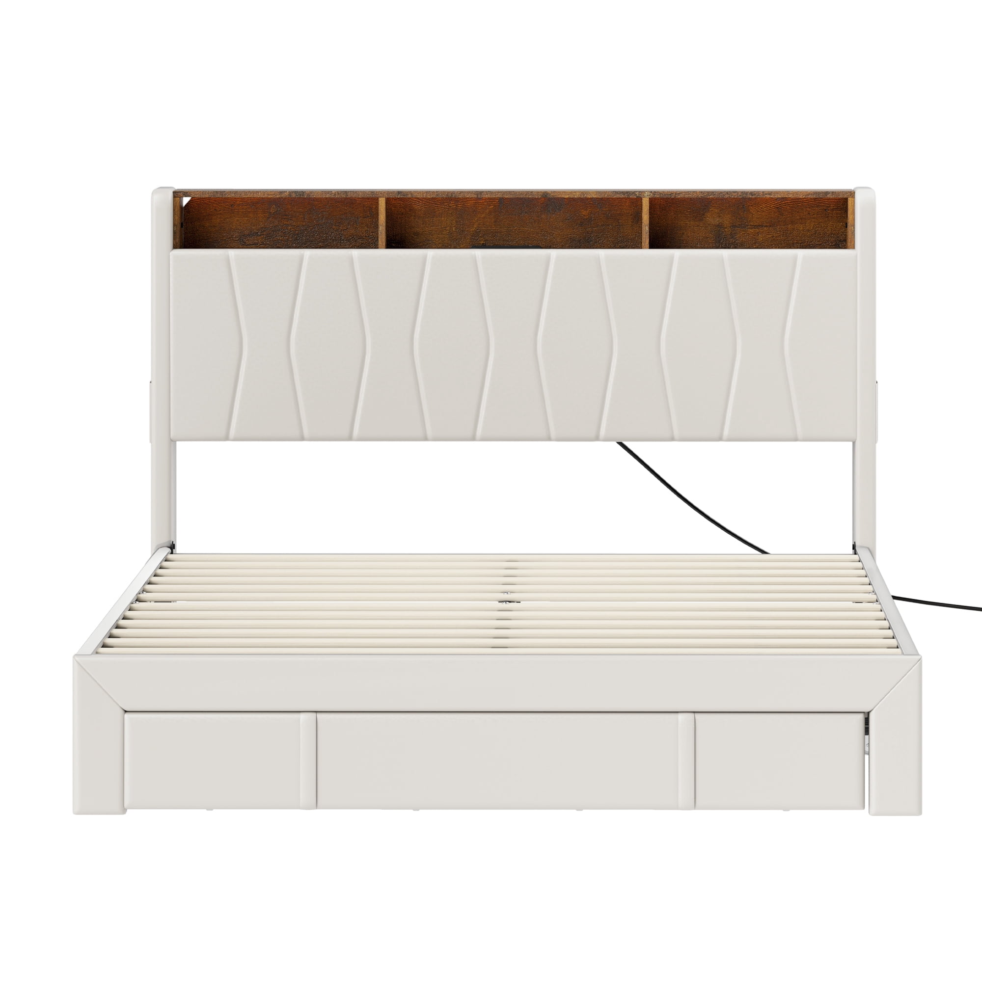 ModFusion King Size Upholstered Bed Frame with Velvet Headboard & Footboard, Built-in Storage, RGB Light Strip, Power Outlets, Beige