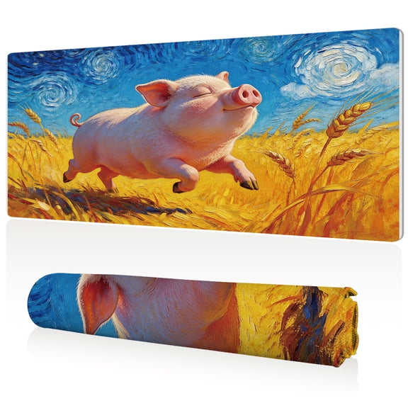 LIVEKEY Joyful Pig in Wheat Field XXL Mouse Pad 80x40cm Extra Large Desk Mat Full Coverage Durable Easy to Clean Non Slip Base Stitched Edges for Gaming Office Computer Use