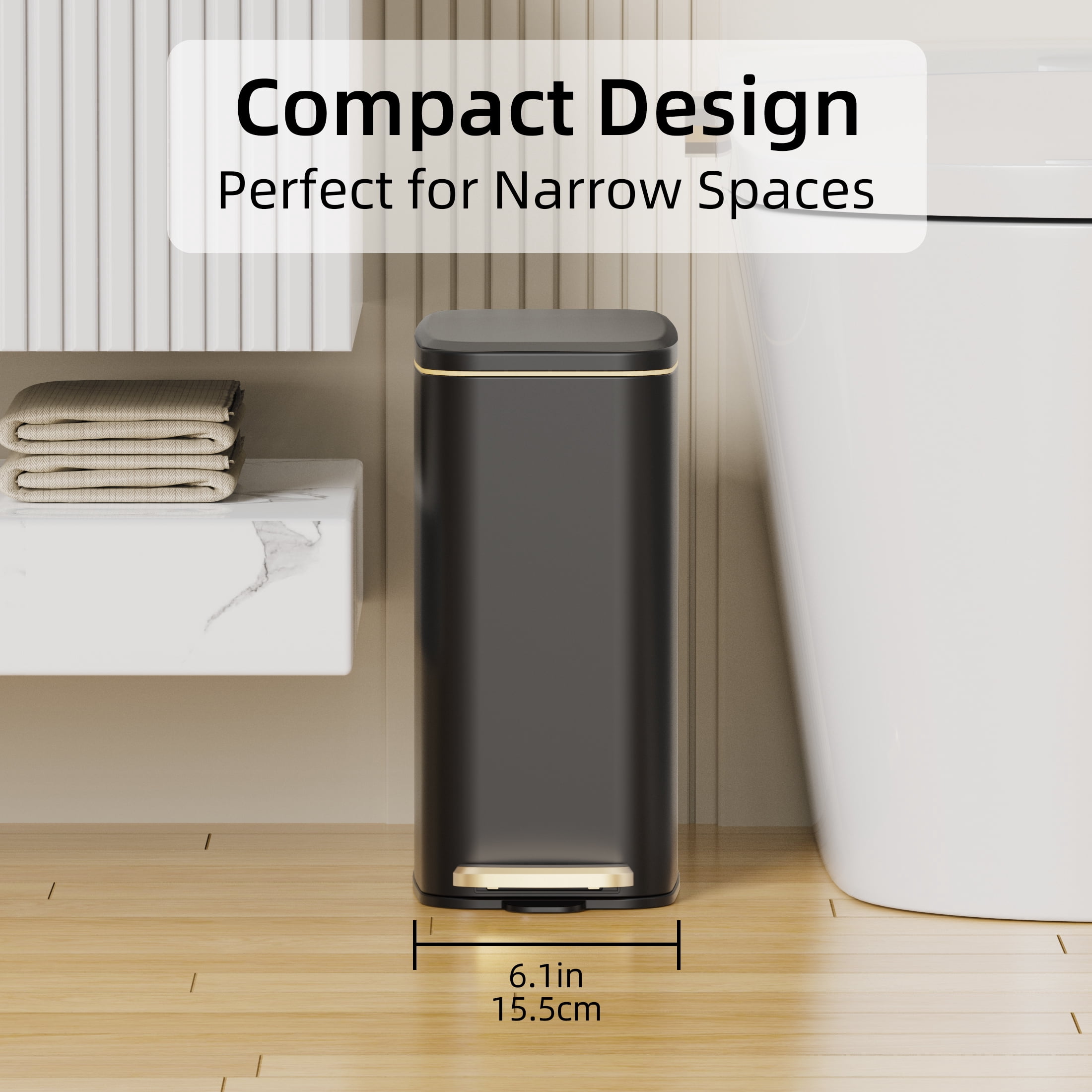 KSSKSS 1.6 Gallon/6L Small Bathroom Steel Step Trash Can, Soft-Close Lid & Fingerprint-Proof, Slim Wastebasket for Narrow Spaces (Black)