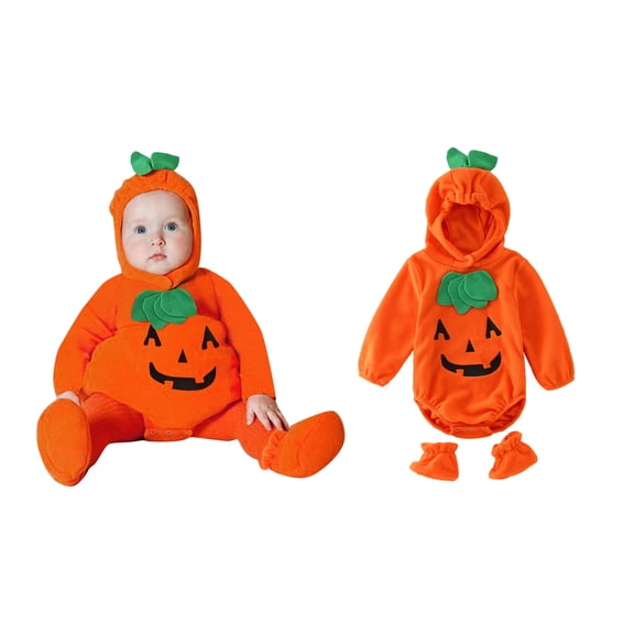 Baby Toddler Boys Pumpkin Unisex Long Sleeve Hooded Romper Bodysuit Hat Socks 3 PCS Set Kids Halloween Party Dress up Clothes Size 3-24M
