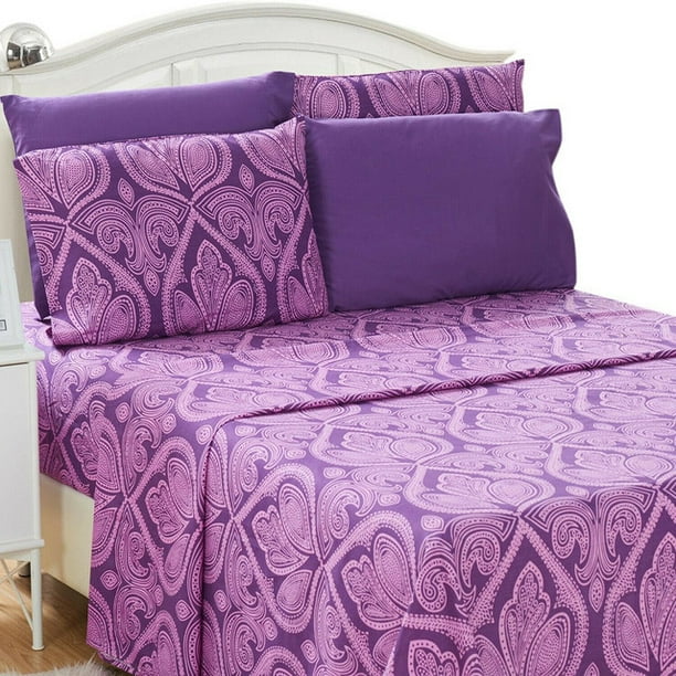 6 Piece King Size Bed Sheets Printed Sheet Set Purple Deep Pocket Egyptian Comfort 1800 Series Com King Size Bed Sheets Printed Sheet Set, Deep King Size Bed Sheets