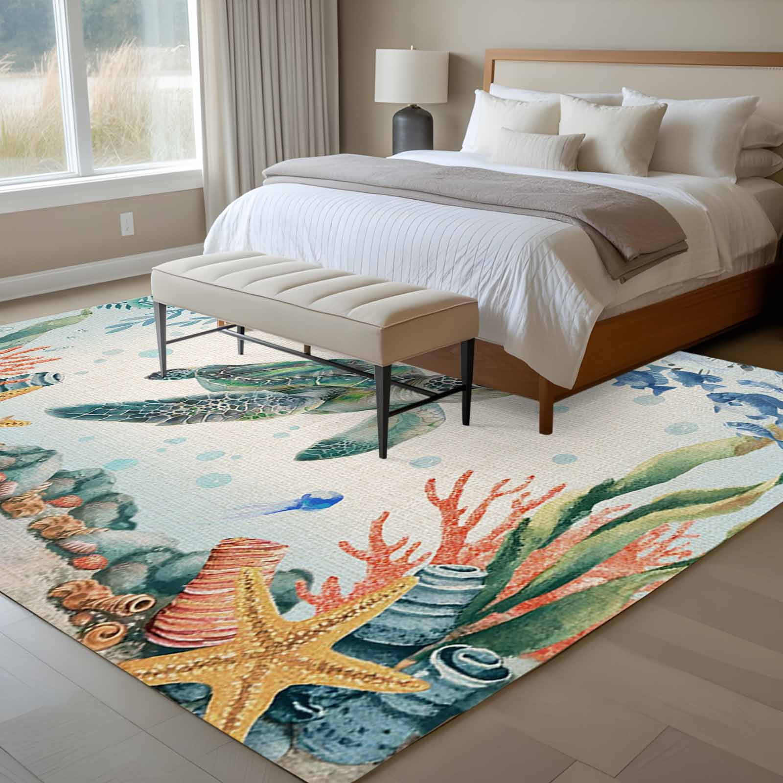 5'x7' Area Rugs for Living Room Bedroom, Sea Turtle Coastal Washable Rug Carpet Runner Indoor Outdoor, Summer Nautical Starfish Coral Beige Non Slip Floor Mats Area Rug for Kitchen, Nursery