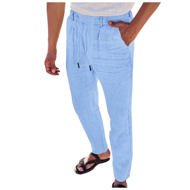 HBFAGFB Men's Casual Pants Drawstring Straight Leg Pants with Pockets Versatile Daily Wear Light Blue Size L