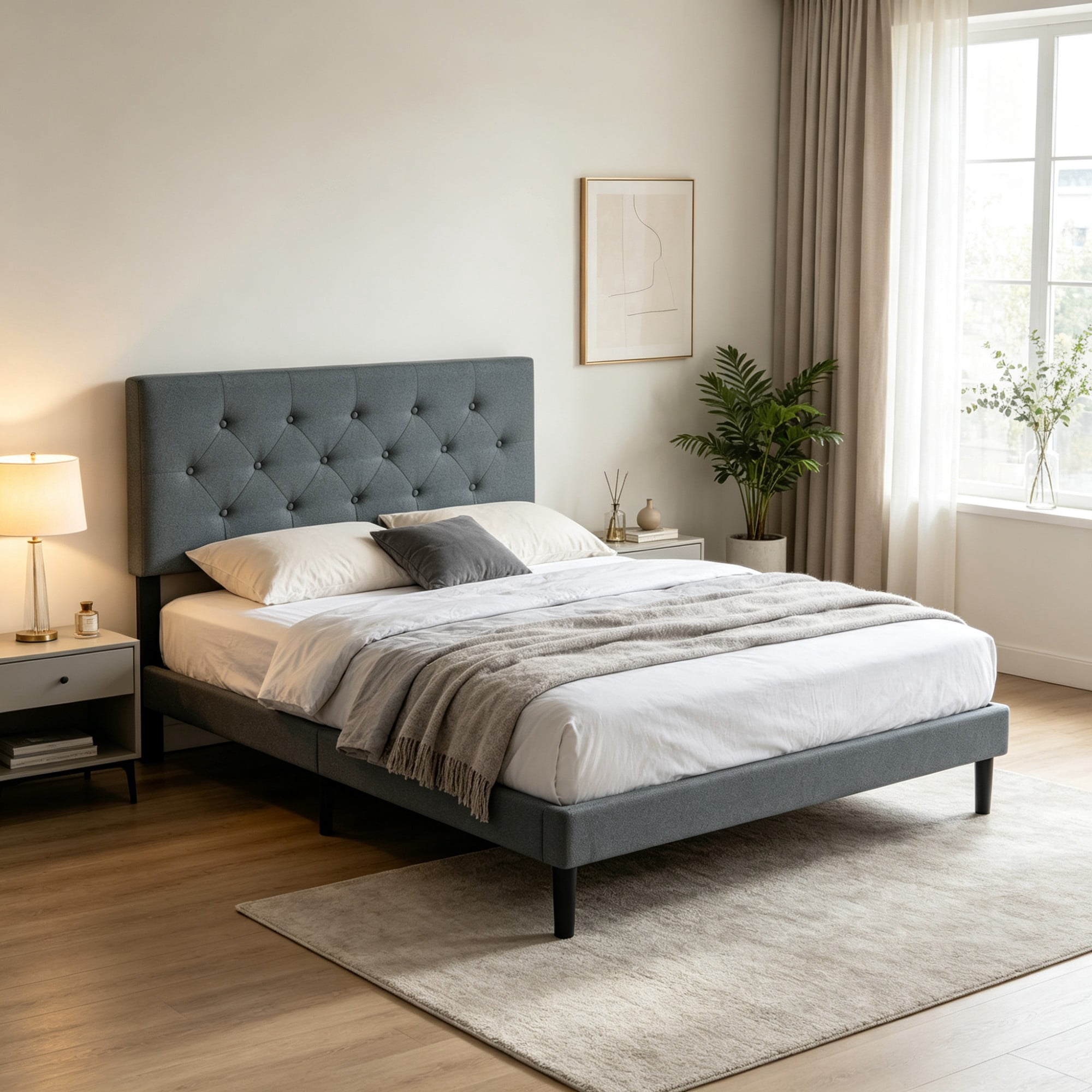 Gewnee Full Size Bed Frame,Linen Platform Bed with Upholstered Button Headboard,Modern Bedroom Furniture with Wood Support,No Box Spring Needed,Dark Grey