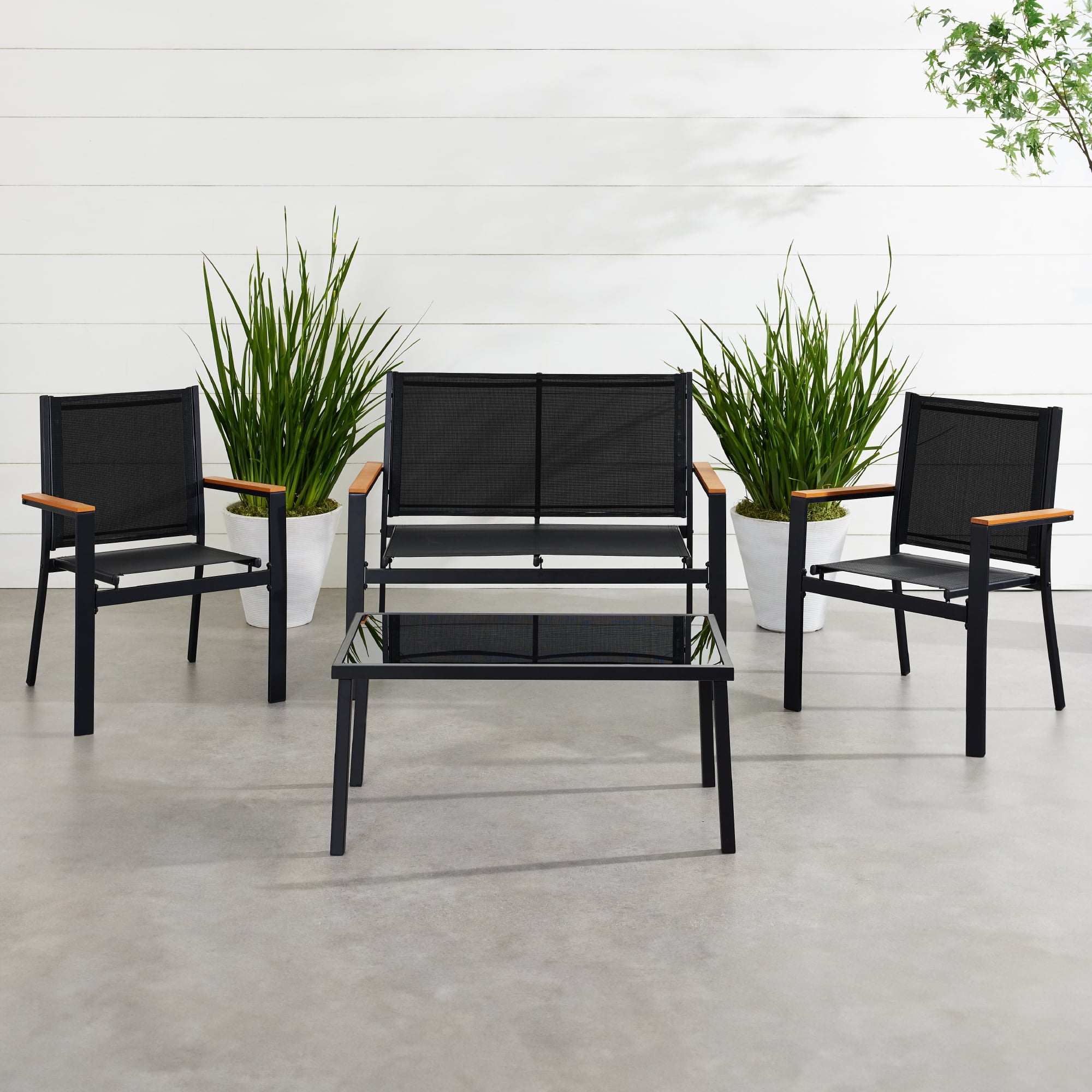 Best Choice Products 4-Piece Outdoor Textilene Patio Conversation Furniture Set w/ Loveseat, Table - Black/Black