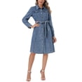 thumbnail image 2 of INSPIRE CHIC Denim Dress for Women's Back to School Long Sleeve Button Down A-Line Belted Classic Jean Dresses M Grey Blue, 2 of 6