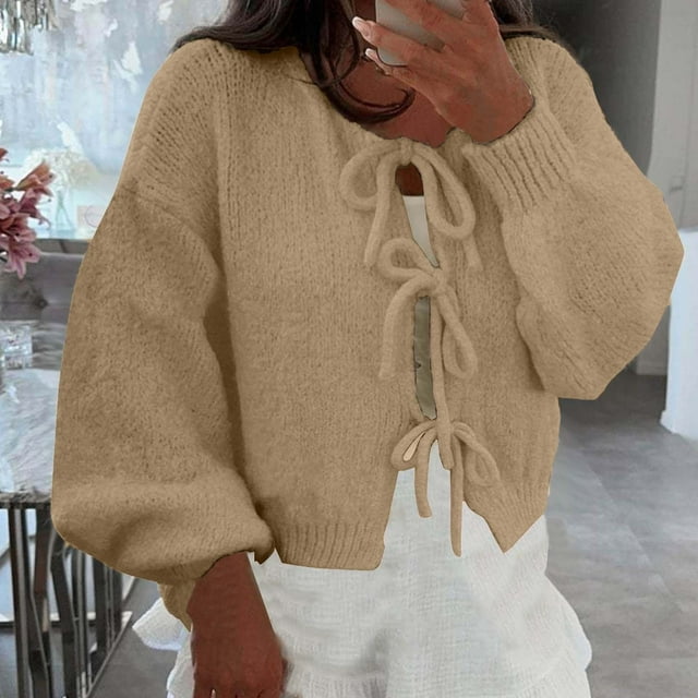 Suéter de cuello redondo para mujer, cárdigan liso de cuello redondo, otoño e invierno, suéter de moda de manga larga, abrigo para mujer, tops de poliéster