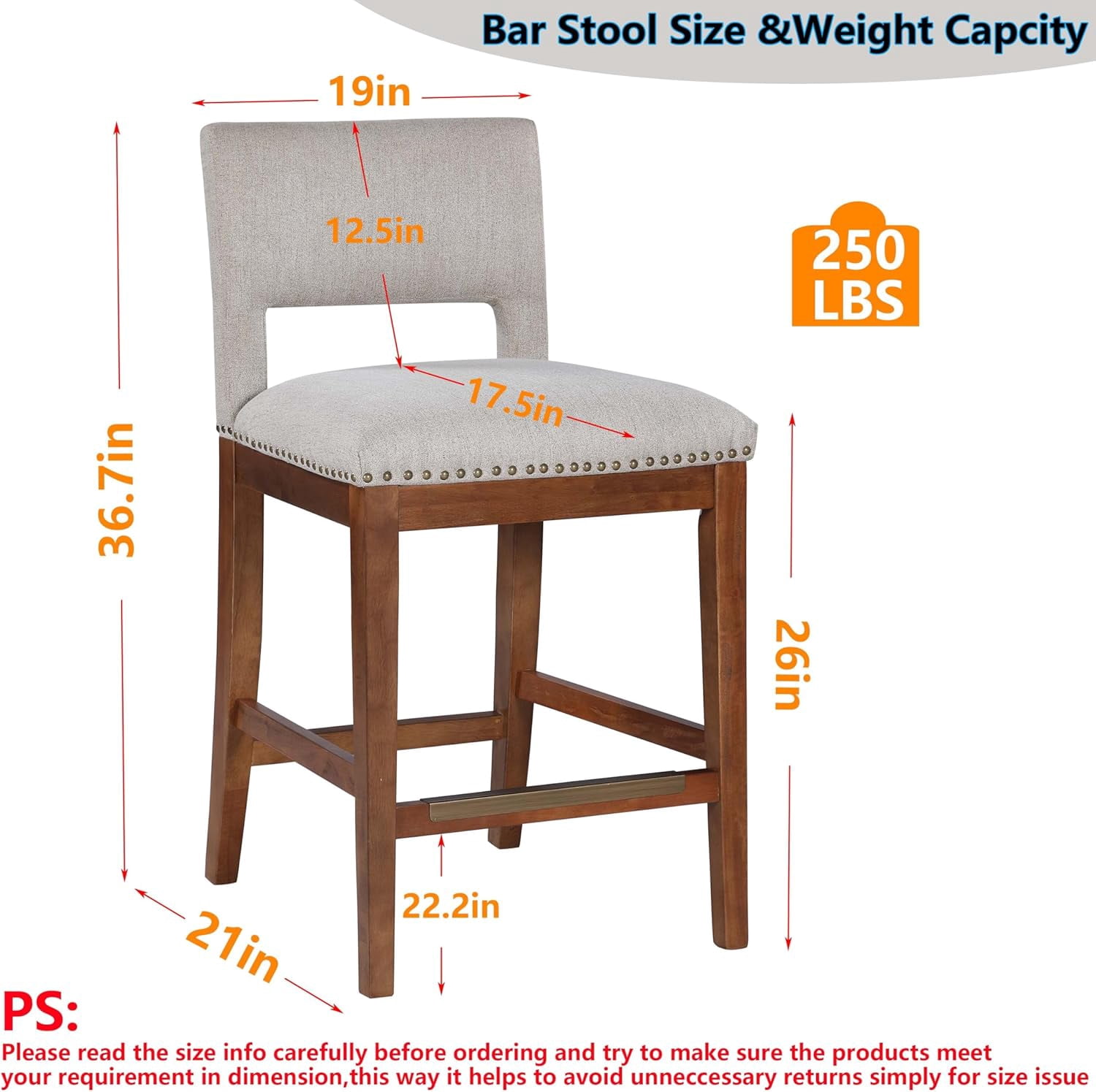 MOONMISS Linen Bar Stool with Open Back Set of 2,26" Seat Height Upholstered Wooden Counter Chair with Nailhead Trim for Kitchen
