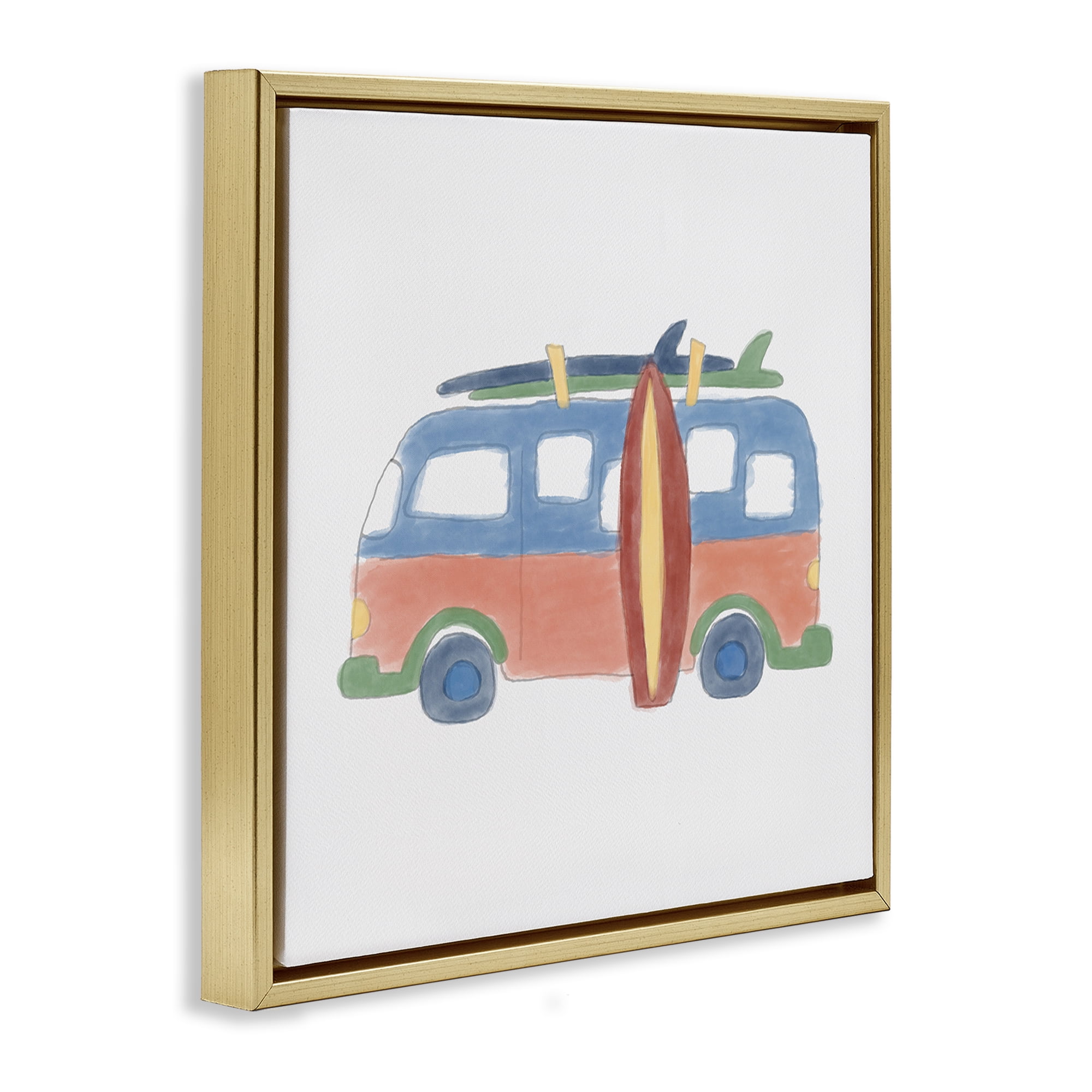 Stupell Industries Summer Beach Bus Transportation Painting Gold Floater Framed Canvas Art Print Wall Art, 18 x 18
