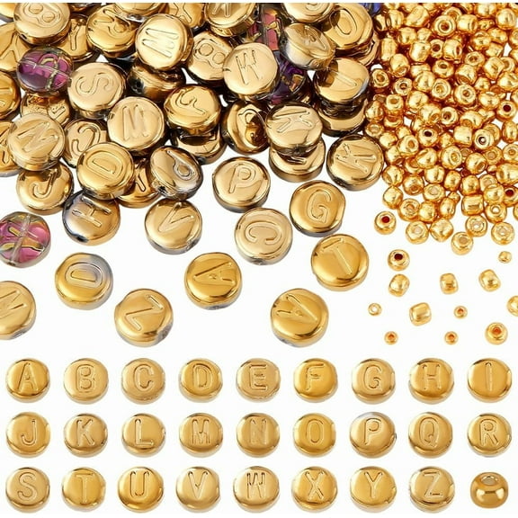244pcs Gold Glass Letter Beads Round Flat Alphabet Beads 10mm Alphabet Letter Beads Small Gold Loose Spacer Beads for DIY Bracelet Necklace Earring Jewelry Craft Making 1set