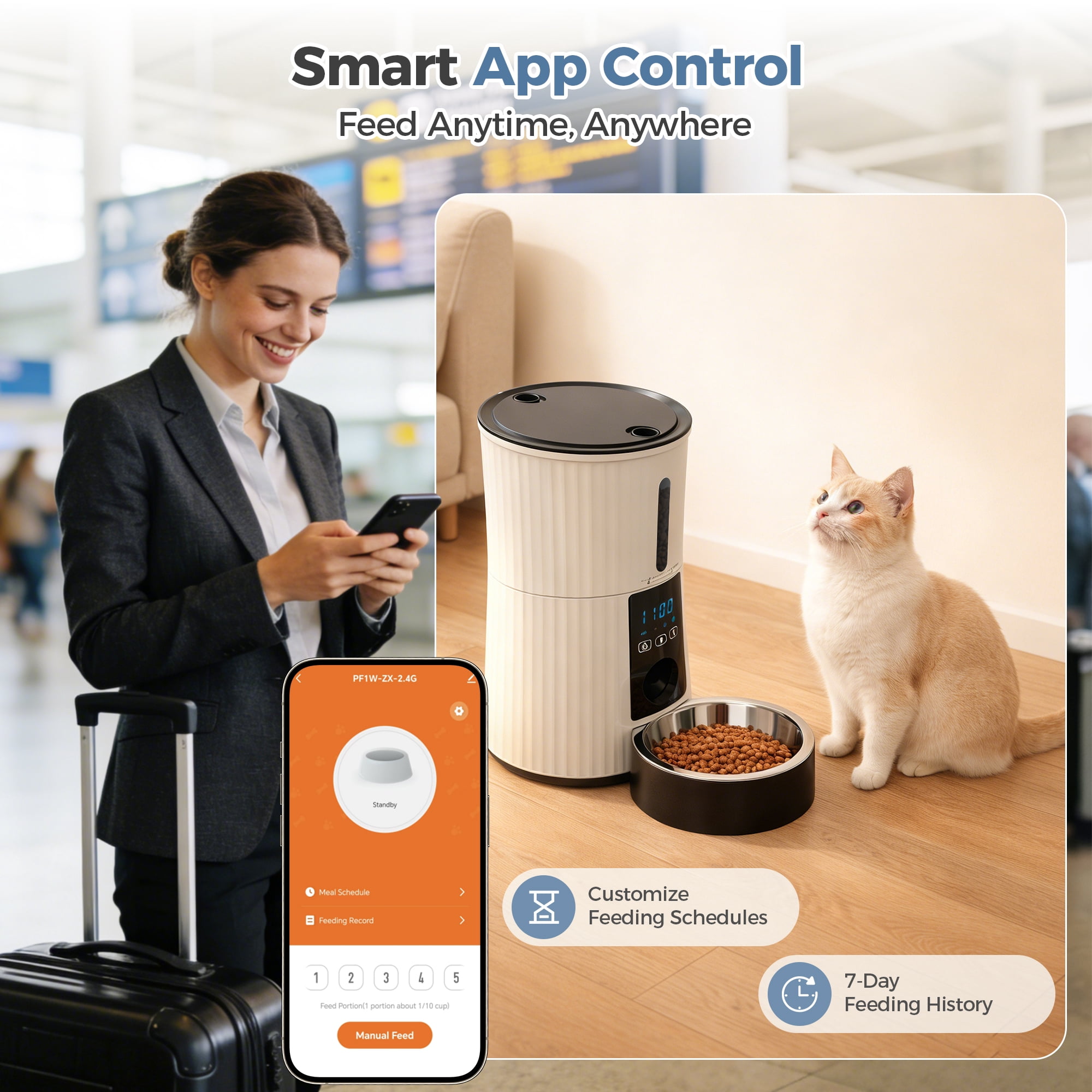 SHOUFTW 4L Automatic Pet Feeder for Cats & Dogs, Timed Dry Food Dispenser with Portion Control, Voice Recorder, Dual Power,White