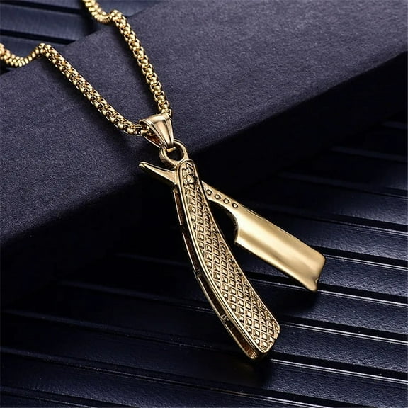 Punk Razor Blade Pendants Necklaces 14K Yellow Gold Chain Barber Shop Necklace for Men Jewelry