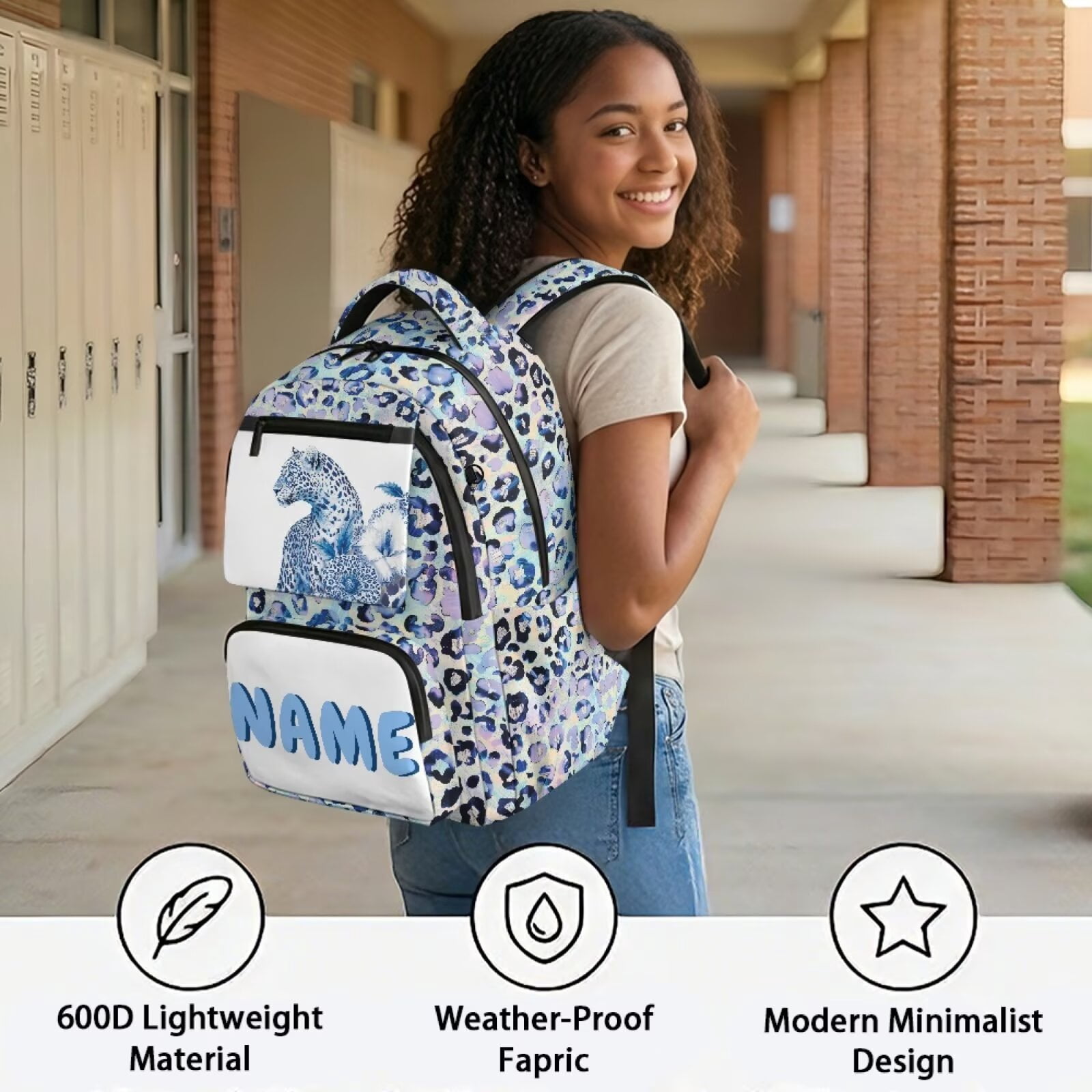Chririnla Cool Leopard,Custom Name Print Backpack for School Girls Boys Waterproof Backpacks Kids 17 Inch Large Capacity Bookbag with Padded Straps Travel Camping Ruckpack Daily Use