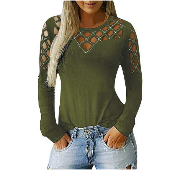 SMihono Clearance Summer Women's Fashion Shirts Classic Comfy T-Shirt Solid Color Slim Tops Trendy Clothing for Women Crew Neck Hollow Out Pullover Long Sleeve Blouse Green 20