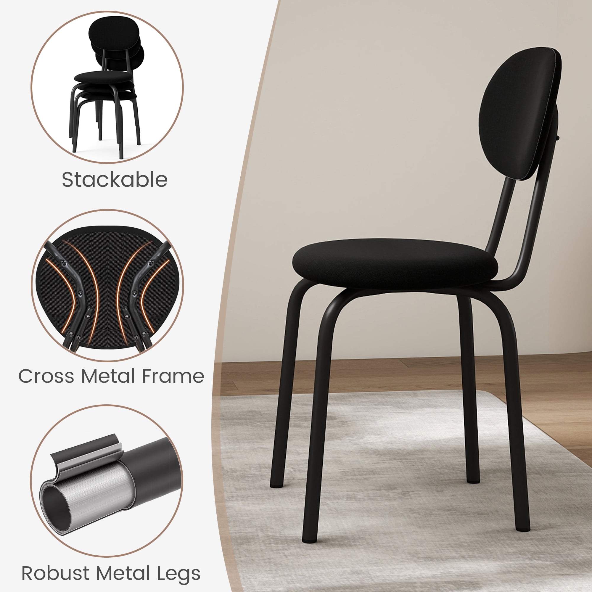 TUAREX Set of 4 Stackable Dining Chairs, Small Modern Stacking Kitchen Chair with Metal Legs for Living Room, Soft Cushion Seat, Space Saving Fabric Kitchen Side Chairs, Black