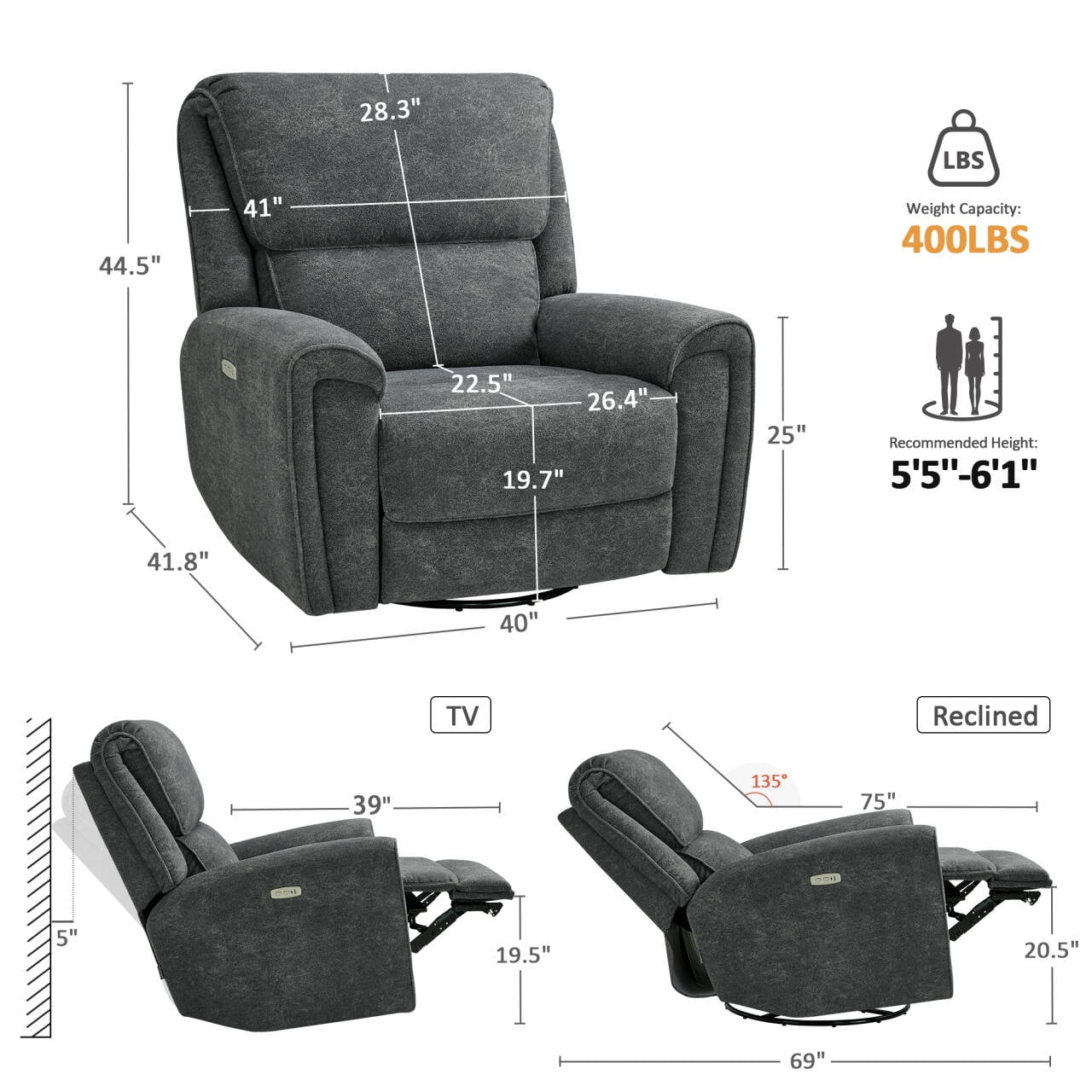 MCombo 400lbs Oversized Swivel Rocker Power Recliner Chair for Big and Tall People, Fabric, Dark Grey