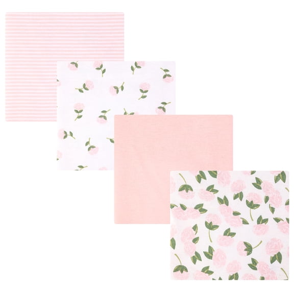Hudson Baby Girl Cotton Polyester Flannel Receiving Blankets 4-Pack, Pink Peony, One Size