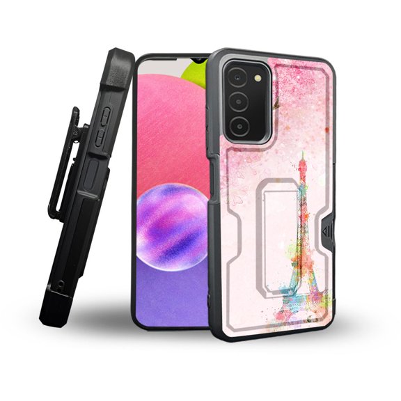 ANJ  Rugged Shockproof Holster Case Card Slot Kickstand   Tempered Glass Cover for Samsung Galaxy A03s - Eiffel Blossom