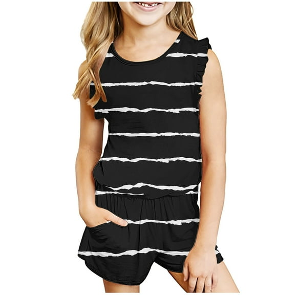 Nskgu Girls Summer Clothes Set 2024 Round Neck Ruffle Sleeve Striped Two Piece T Shirts and Shorts with Pockets Sleeveless Outfit Size 3-14 Years