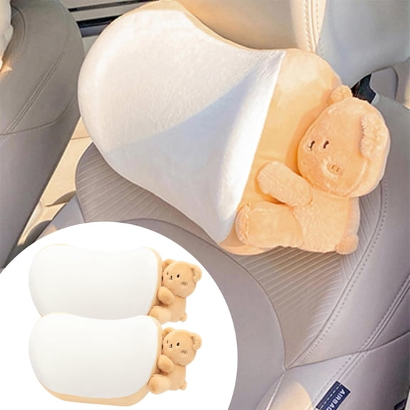 Car Headrest Pillow 2PCS Bear or Bunny Car Seat Neck Pillow Car Decor Memory Foam Neck Support Cushions for Comfortable Driving, Easy Install & Washable (Brown)
