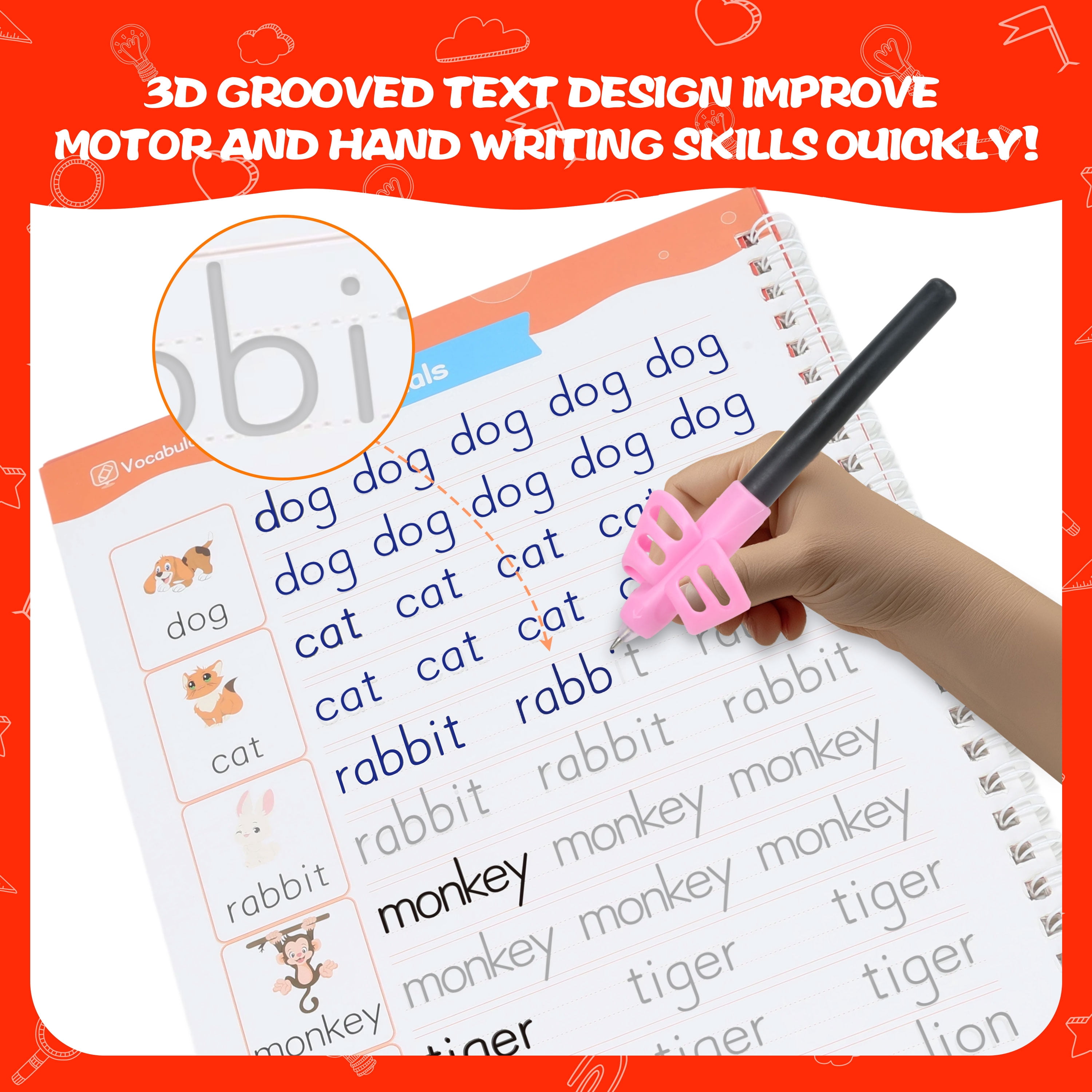 Magic Grooved Writing Practice for Kids Ages 3-8, Reusable Grooved Handwriting Workbooks，Large-Scale Writing Workbook, Kindergarten Workbook, 10.24 x 7.29 inches (7 Books + Pens)