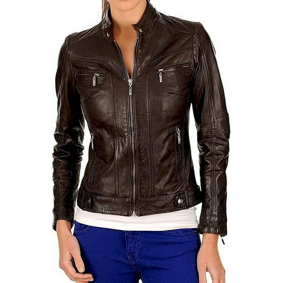 Women's Genuine Brown Lambskin Leather Motorcycle Jacket Christmas Stylish Coat W676