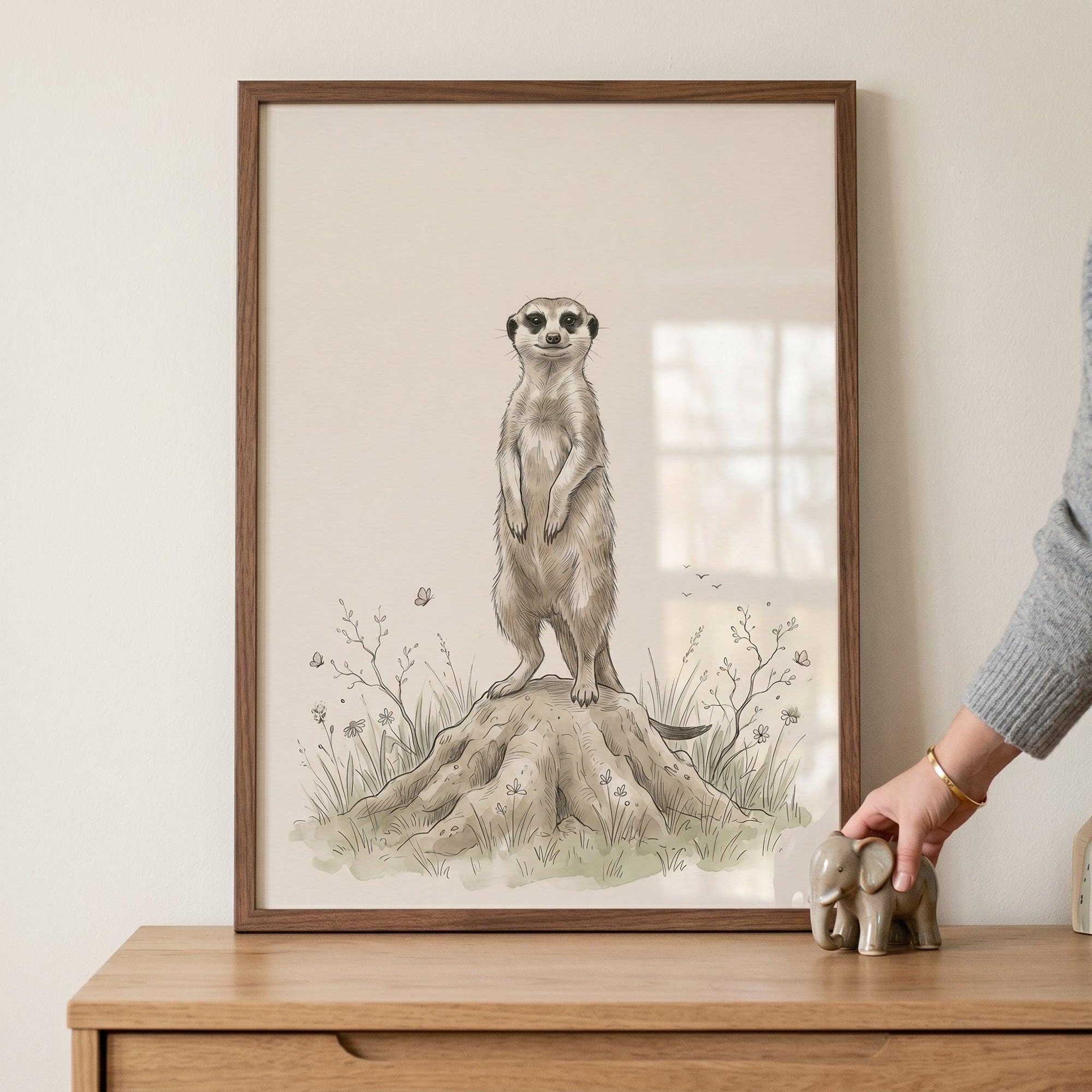 Earth Tone Standing Meerkat Safari Neutral Wildlife Desert Animal Sketch Savannah Safari Nursery Poster , Poster Print Only