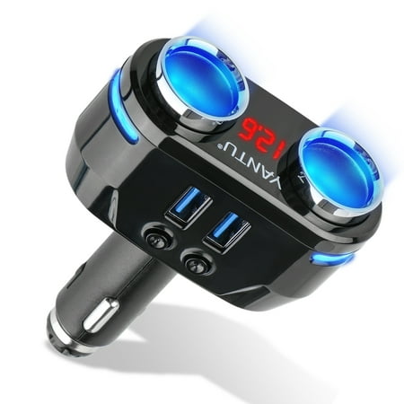 TSV 2 Socket Cigarette Lighter Splitter Dual LED USB Car Charger Adapter, Voltage Monitor, Independent On/Off Switch for Cigar Socket