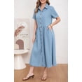 thumbnail image 6 of utcoco Womens Denim Dress Lapel Short Sleeve Frayed Hem Jean Dresses Oversized Button Down A Line Shirt Dress, 6 of 7