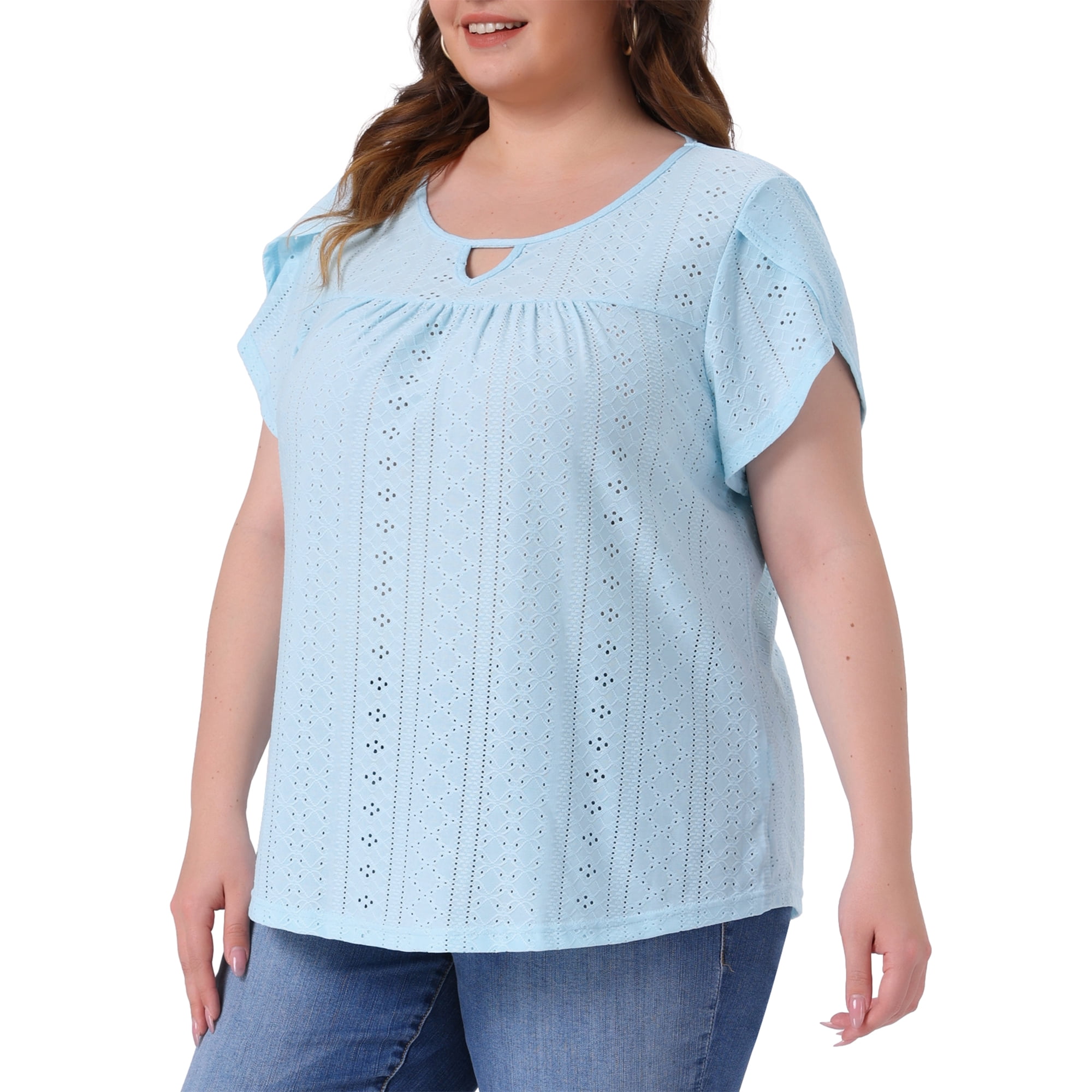 Women's Plus Petal Sleeve Keyhole Neck Loose Fit Casual Top for Women 2X Sky Blue