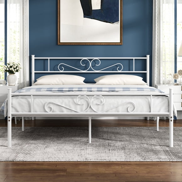 VECELO Queen Size Bed Frame with Headboard, Metal Platform Bed Frame/Mattress Foundation, No Box Spring Needed, Easy Assembly, White