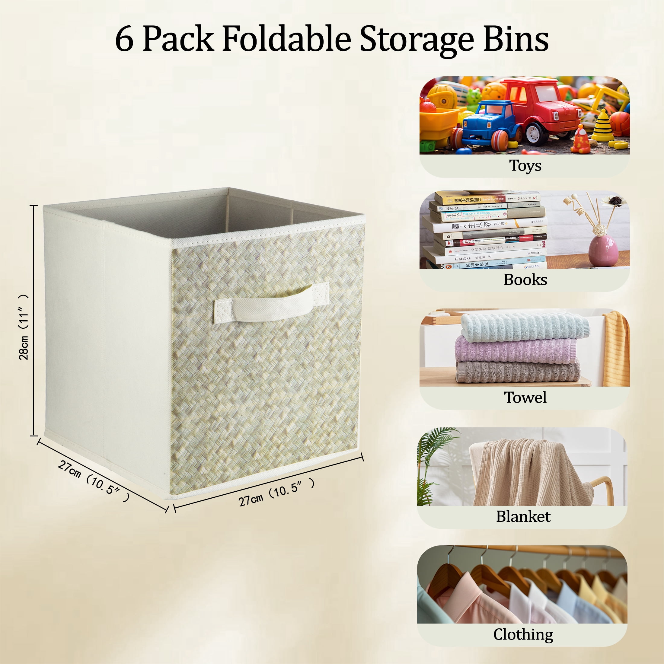 6 Pack Foldable Fabric Storage Cubes 11 inch, Rattan Printed Organizer Boxes with Handles, Collapsible Storage Baskets for Organizing Closet Bins