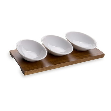 

9 oz Rectangle White Porcelain Ellipse Bowl Set - 3 Bowls Bamboo Tray - 10 1/4 x 5 1/2 x 1 1/2 - 1 count box