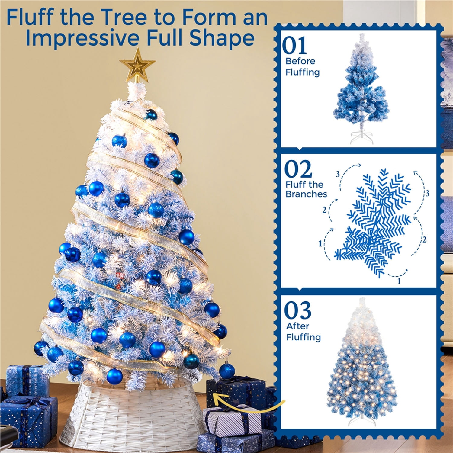 Alden Design 4.5FT Pre-lit Artificial Christmas Tree Holiday Decorative Fir Tree with Foldable Stand and LED Warm Lights,Lake Blue Gradient
