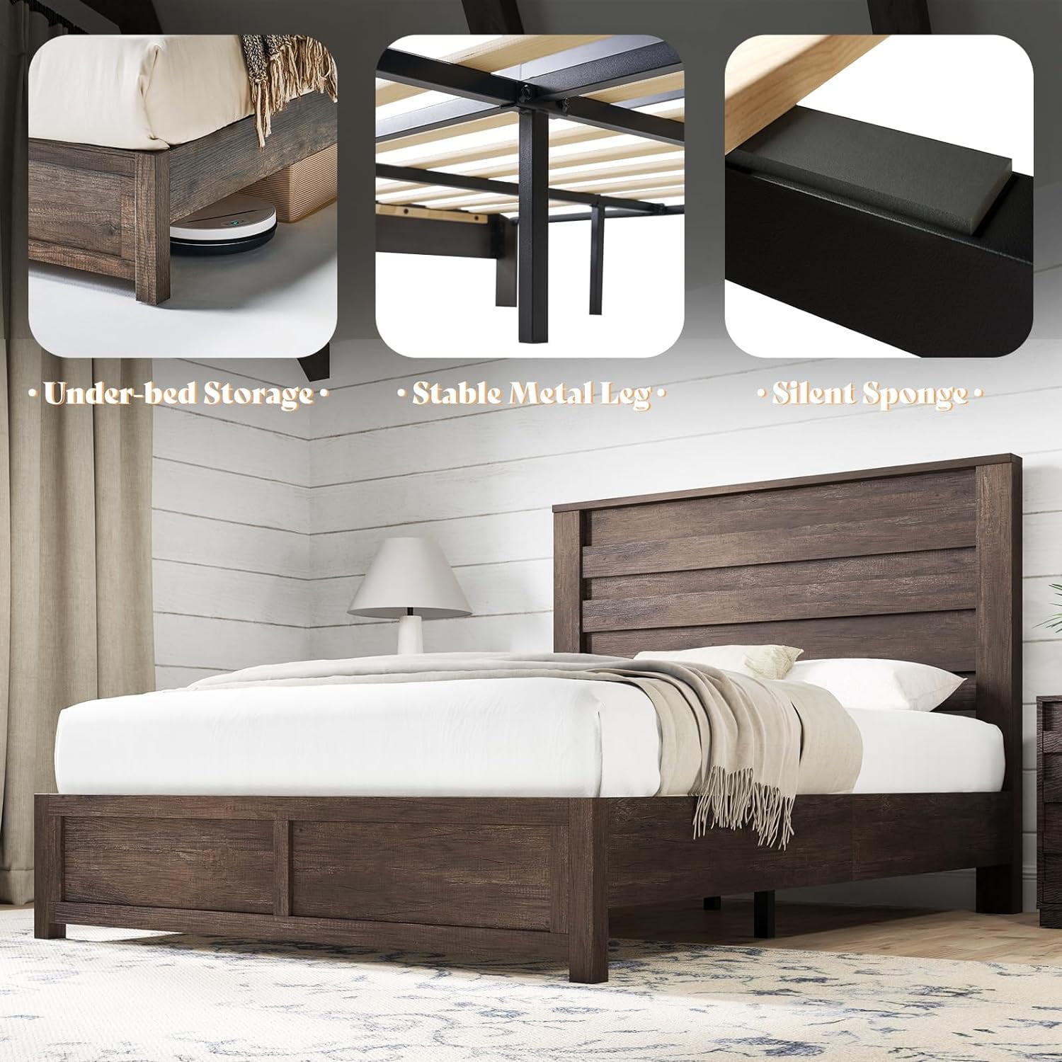 LUXOAK Full Size Bed Frame with Natural Wood Platform, 49" Fluted Headboard, Grey