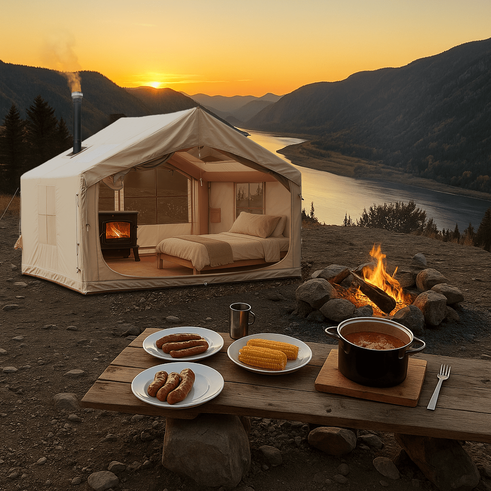 6-8 People Inflatable Tent for Camping , Easy Setup Blow Up Tent with Stove Jack , Waterproof Air Tent Portable for Party