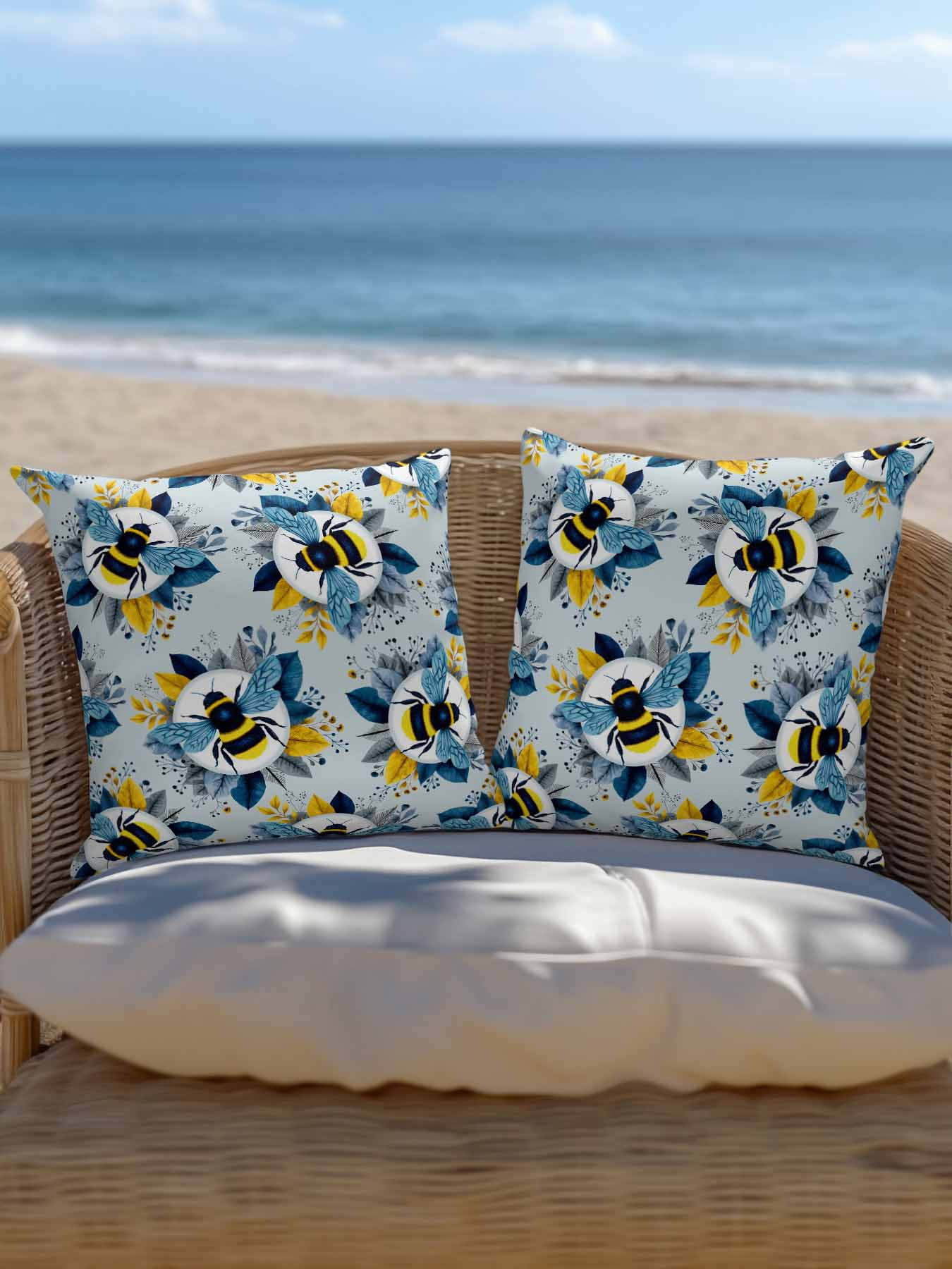 1 Pack Outdoor Throw Pillow, Gray Blue Bees Farmhouse Waterproof Pillow with Insert Included, Spring Summer Botanical Flowers Decorative Accent Cushion Sofa Pillows for Patio Porch, 16 x 16 In