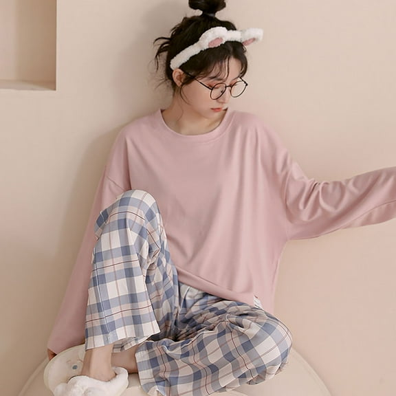 Womens Pajamas Sets Casual Crewneck Plaid Pajama Tops Loose Fit 2 Piece Loungewear Wide Leg Pants With Pocket