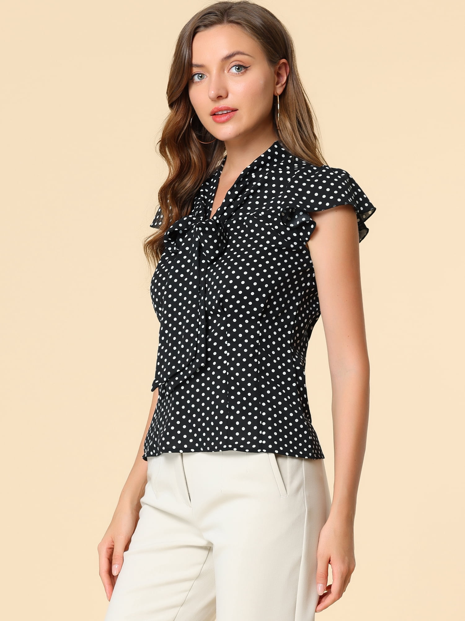 DARING DIVA Polka Dots Ruffled Sleeve Tie Neck Blouse XL Black