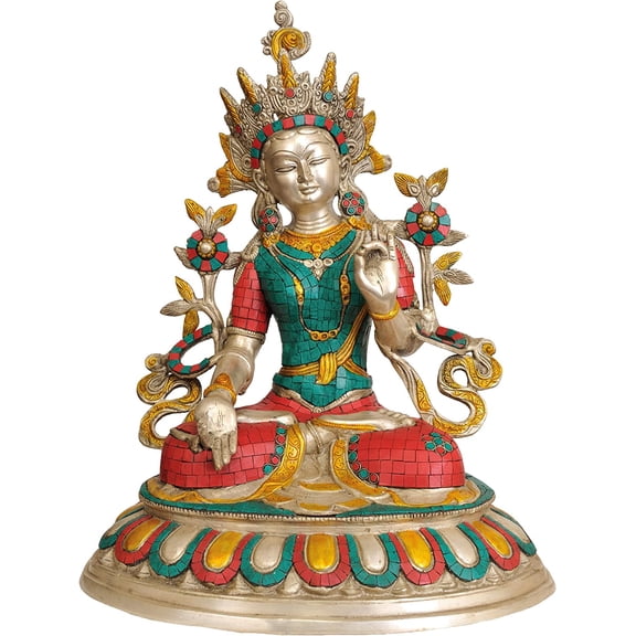 Exotic India White Tara Tibetan Buddhist Deity Statue, brass, Multi-Colour, 12 x 14.7 x 18.5-Inch
