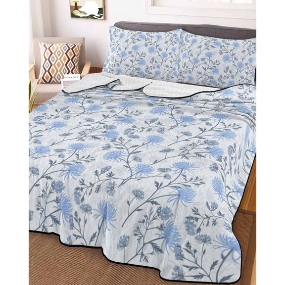 Blue Spring Floral Full Size Down Alternative Comforter, Lightweight Comforter Quilt Bedding Set with Pillow Shams Flowers Leaves Pastoral Botanical All Seasons Bed Comforter Duvet Insert 78"x90"