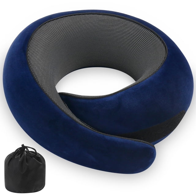 Almohada cervical de espuma viscoelástica para viajes, avión, coche, azul oscuro